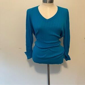 VTG Y2K Ribbed Teal Blue 3/4 Sleeve Sz.3x Cotton V-neck Tee Long Slim